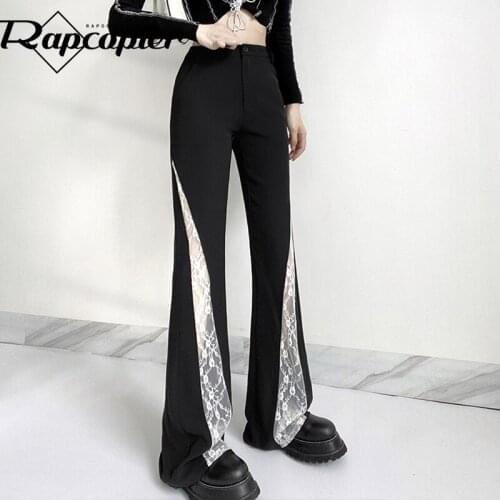Rapcopter Lace Patchwork Pants Y2K Flare Pants 90s Hollow Out Pants Gothic High Waist Trousers Vintage Women Streetwear Trendy
