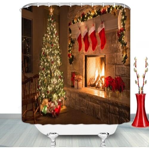 Christmas Tree Red Socks Fireplace Bathroom Shower Curtains Winter Christmas Home Decor Bedroom Wall Curtain Bathroom Products