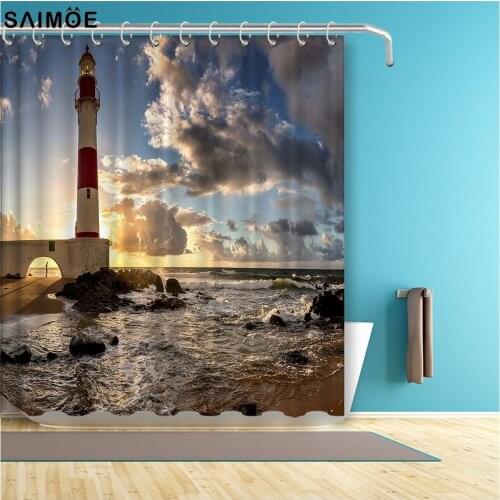 Sunset Beach Scenery Shower Curtain Lighthouse Bath Shower Curtain Waterproof Polyester Fabric Bathroom Curtain With Sets