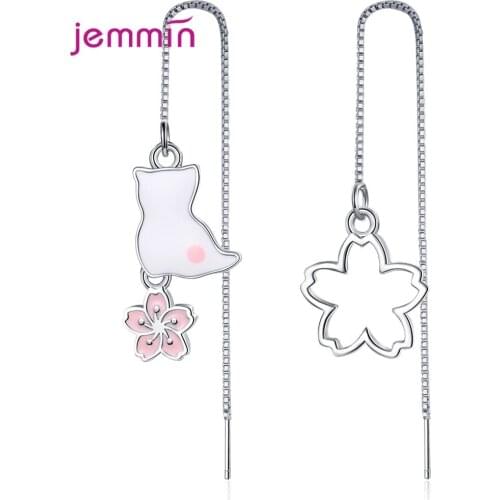 Womens Long Chain Tassel Earrings Playful Cat Flower Pendant Ear Line Women Girls Crystal Temperament 925 Silver Jewelry