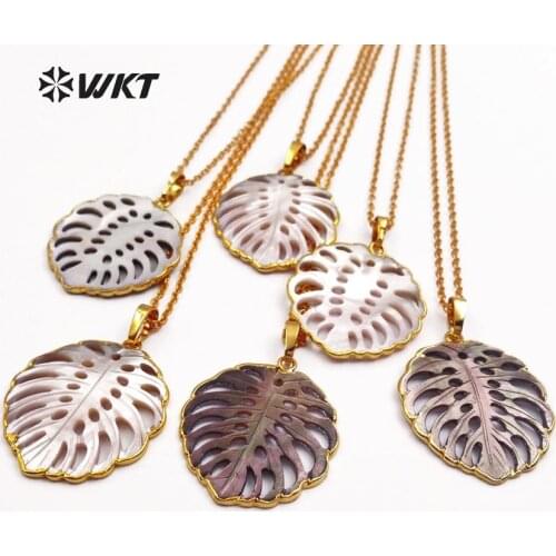 WT-JN027 WKT wholesale natural shell necklaces,fashion leaf shape pendants with gold color chains women jewelry gift