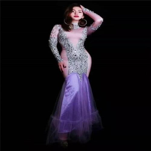 Y90 Purple sparkly evening dress long sleeve rhinestone stretch sexy long dress women party wears outfit singer costumes dance