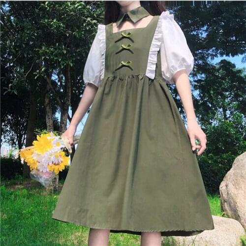 Japanese High Waist Pleated Backless Puff Sleeve Dress Women Summer fairy dress tea party lolita dress sweet lolita doll