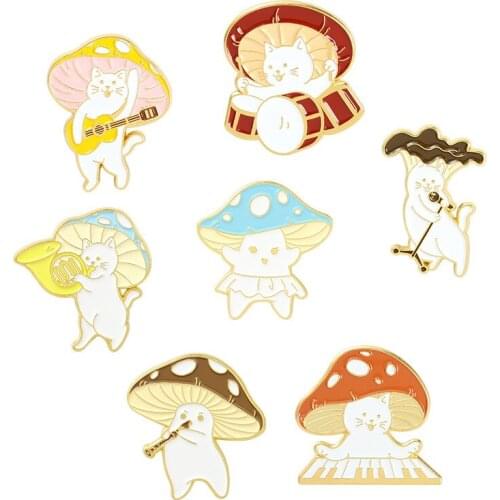 Mushroom Cat Lapel Pins Cartoons Enamel Badges Cute Womens Anime Brooches For Backpack Hijab Pins Decorative Badges Brooches