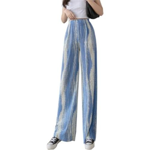 2021 New Womens Long Pants Rendering Color Bar Pleated High Waist Female Wide Leg Pants Causal Spring Summer Lady Thin Pants