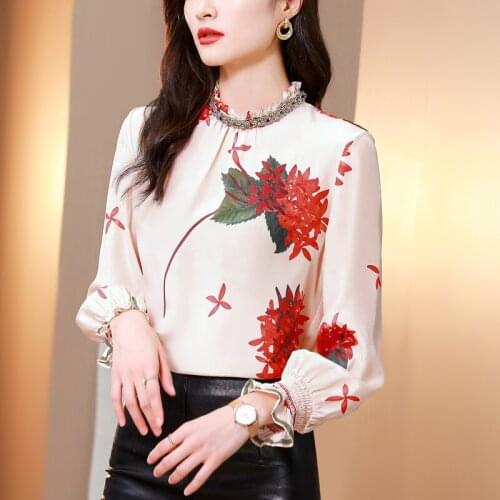Ropa De Mujer 2021 Women Tops Clothes Beading Blouses Spring Long Sleeve OL Blusas Elegant Casual Vintage Printed Tees 9231