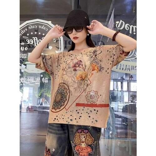Khaki Flower Hollow Out Graffiti Tops Women Nice Short Sleeve Kawaii Sweater Green Sweater Womens Clothing Nice