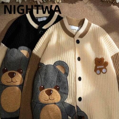 NIGHTWA Autumn Winter Women Cardigan Warm Knitted Sweater Jacket Bear Embroidery Fashion Knit Cardigans Coat Lady Loose Sweaters