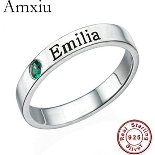 Amxiu Customized 925 Sterling Silver Ring Personalized Birthstone Promise Ring with Name Custom Zircon Jewelry For Women Lovers
