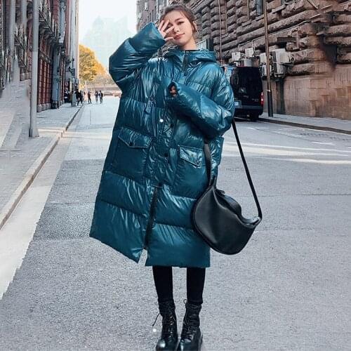 Womens Coat Winter Long Loose Hooded Down Cotton Warm Solid Color Bright Face Fashion Long Sleeve Classic Casual Bread Jacket