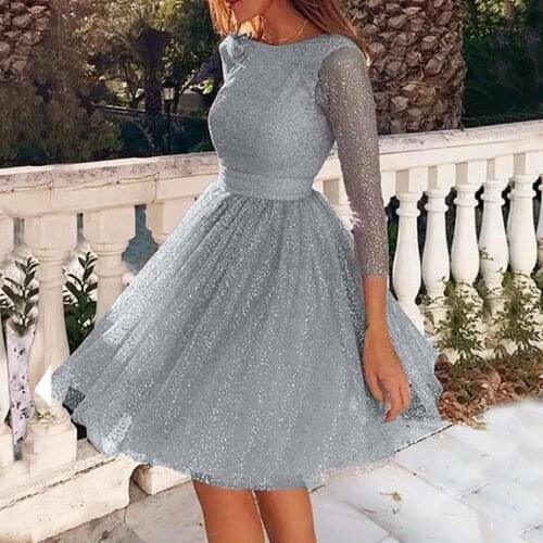 Women Round Neck See-through Sequins Long Sleeve Backless Wedding Party Dress