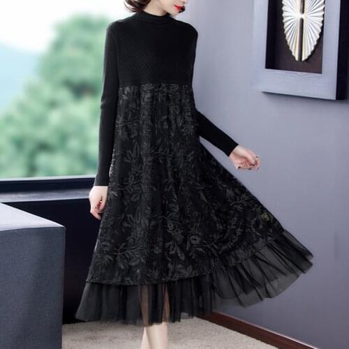 Winter Black Mesh Embroidery Knitted Midi Sweater Dress Women Vintage Solid Casual Wool Dress 2021 Elegant Bodycon Party Vestido