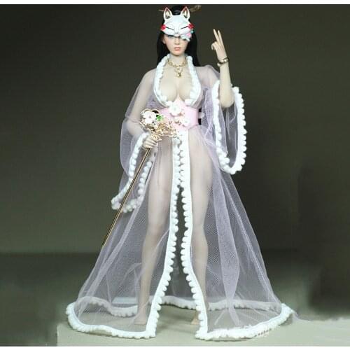 1/6 Scale Female Sexy Light Edelweiss Pink Mesh Robe Sakura Fox Mask PU Leather Belt for 12 inch Action Figures Body Sakura Snow