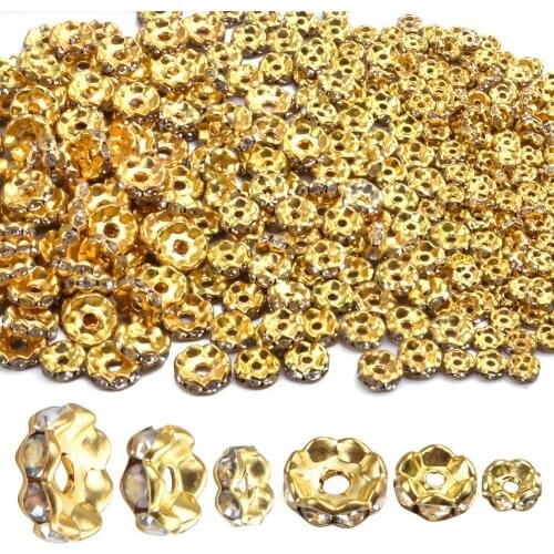 400pcs 3 Sizes Crystal Spacer Beads Loose Round Rhinestone Beads Rondelle for Necklaces Jewelry Making,6mm/8mm/10mm,Gold