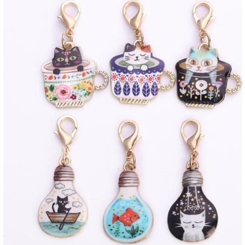 5pcs/lot Cute Coffee cup cat Pendant Pet Tag car Keyring Jewelry bag charm gifts Women Men lucky Gifts Necklace Accessories