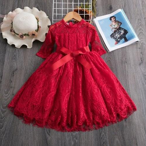 2019 New Year Red Party Kids Dresses For Girls Lace Princess Dress Casual Clothes Long Sleeves Autumn Winter Childrens Clothing