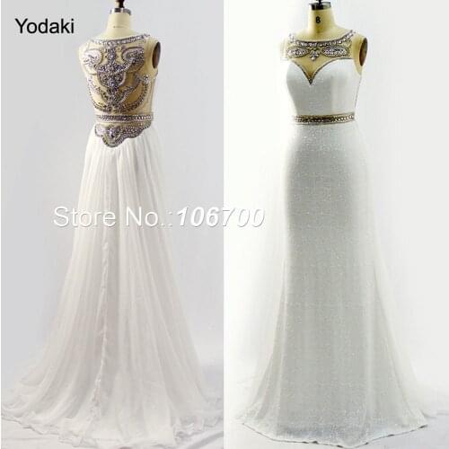 Elegant Crystal Beaded Evening Dresses Sweetheart Sheer Illusion Sequins Skirt White Chiffon Mermaid Long Prom Gowns 2018 JB964