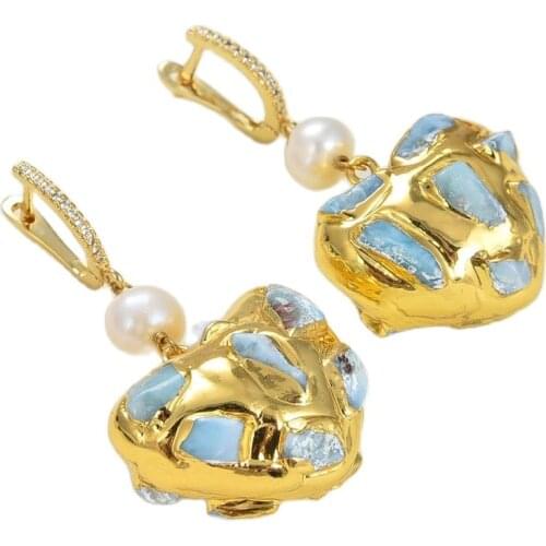 GG Jewelry Natural Blue Larimar white Pearl Golden Plated Heart-Shaped Dangle Lever back Earrings trendy for women