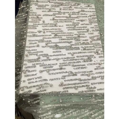 JRB-81023 Top sale glued glitter sequins lace fabric high quality African French net tulle Lace Fabric with beads in silver colo