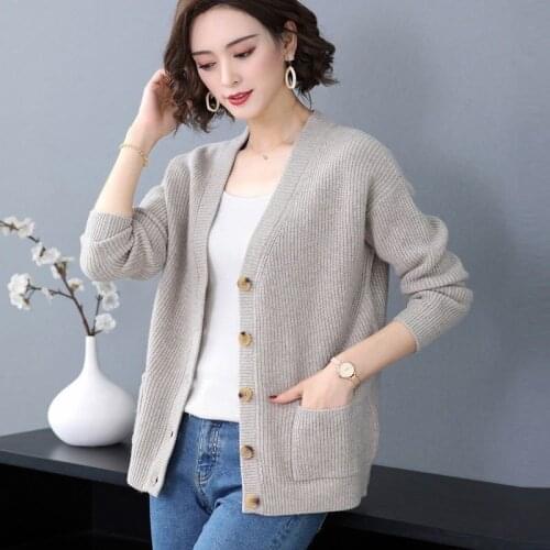 Ladies Long Sleeve V-neck Sweater Cardigan 2021 Spring and Autumn Fashion Pocket Solid Color Knitted Top Jacket Women