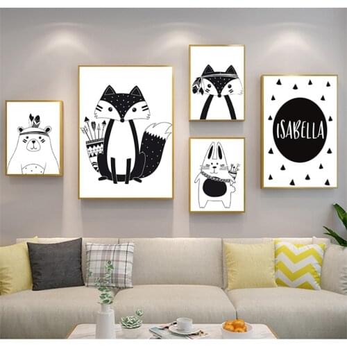 Print Painting Nordic Picture Kid Room Decor Black White Cartoon Bear Rabbit Baby Nursery Wall Art Canvas Custom Name