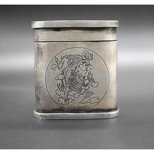 Chinese classical collection home decoration antique Tibetan silver dragon and phoenix tobacco box toothpick storage box decorat