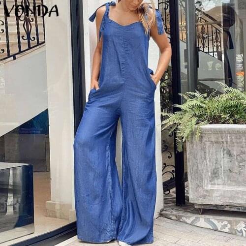 Women Wide Leg Jumpsuit 2021 VONDA Casual Denim Bib Pants Femme Overalls Playsuits Pantalon Femme Plus Size Rompers