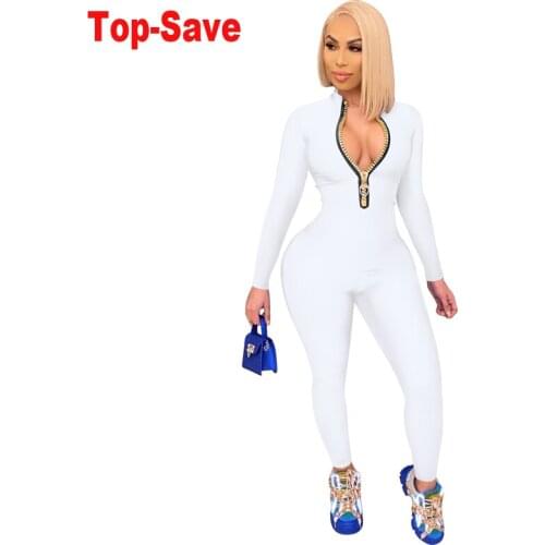 Fashion Solid Zipper Street Wear Casual Jumpsuit Women Summer 2021 Elegant Party Long Sleeve Sports Fitness Bandage Overalls