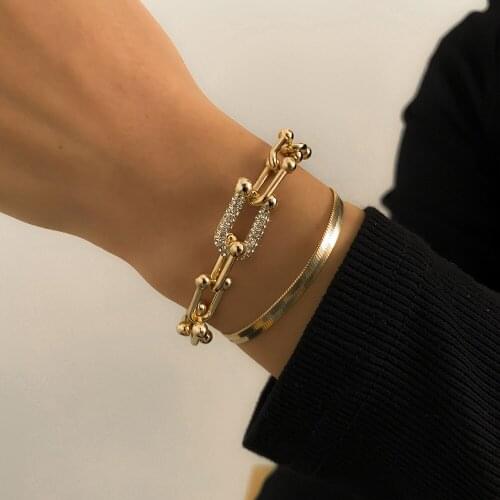 Fashion Snake Chain Gold Color Bracelets for Women U Shape Chain Crystal Bangle Bracelet Set On Hand Accessories Charm Jewelry