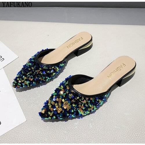2020 Summer Women Mules Shoes Shiny Bling Sequin Cloth Slipper Outside Pointed Toe Low Square Heels Slides Fashion Lady sandals