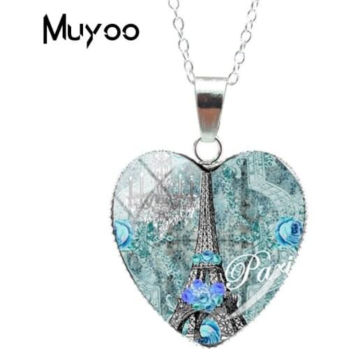 New Vintage Eiffel Tower Bonjour Paris Pattern Jewelry Fashion Heart Pendants French Art Design Jewelry Glass Dome Necklace HZ3
