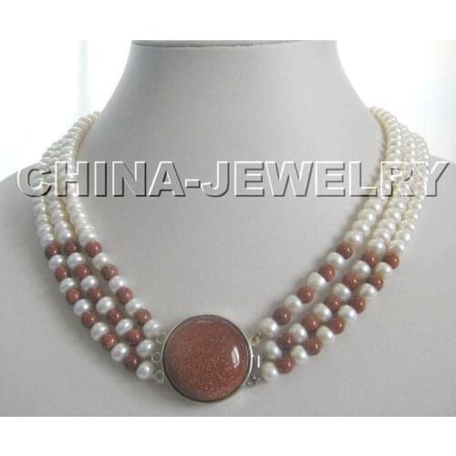 P1726 - 3row 17-19" 7-8mm natural white freshwater pearl + stone necklace - GP>>> free shipping