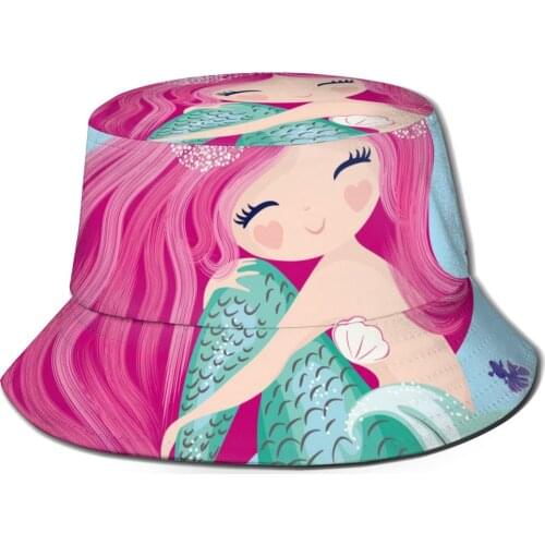 CINESSD Little Mermaid With Fishes And Seashells Bucket Hat Summer Hats Fisherman Hat Foldable Women Men Sunscreen Shade Caps