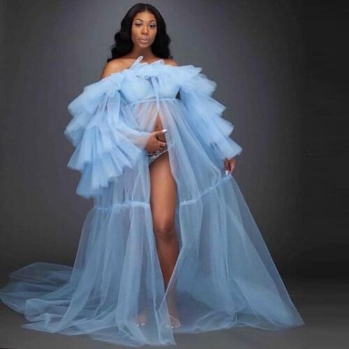 Pregnant Women Prom Dresses Sexy Sky Blue Robes for Photo Shoot or Baby Shower Custom Made Maternity Robes Fluffy Robe