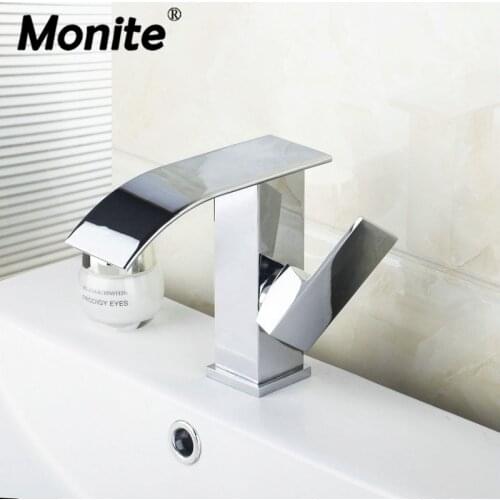Monite Solid Brass Bathroom Basin Sink Water Tap Faucet Waterfall Tap Bath Basin Polish Chrome Hot Cold Water Mixer Tap Faucet