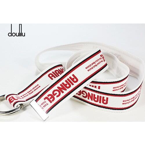 130cm Fashion Neutral Nylon Canvas Belt Printing English D Ring Double Buckle boy and girl Student white Belt
