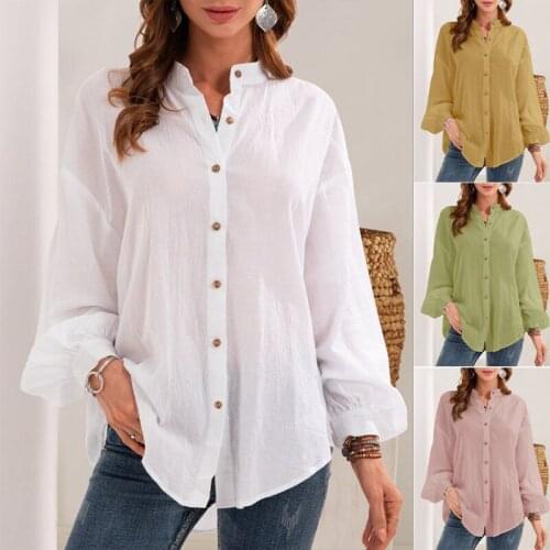 Spring Summer Womens Casual Button Solid Shirt Blouse Loose OL Stand-up Collar Elegant Oversize Long Sleeve Fashion Tshirt Tops