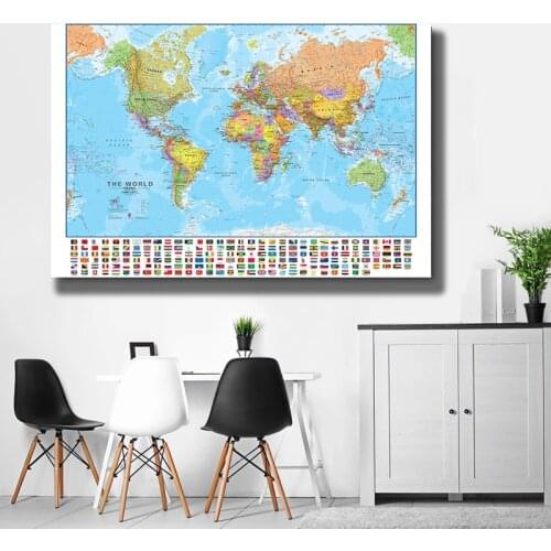 150x100cm The World Political Physical Map Foldable No-fading World Map with National Flags for Culture and Travel Poster Decor