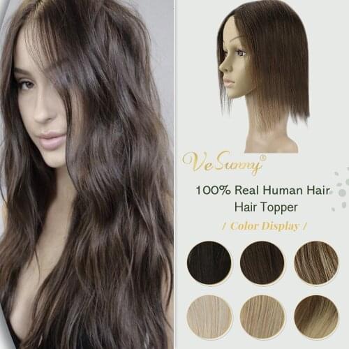 VeSunny Crown Hairpiece Mono Base Topper Real Human Hair Hand Made Toupee with 3 Clips 2x6 Inches Solid Color Black Brown Blodne