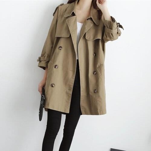 Spring Autumn Khaki Windbreaker new Korean loose Mid-length Windbreaker Womens Single-Breasted Raglan SleevesThench Coat A749
