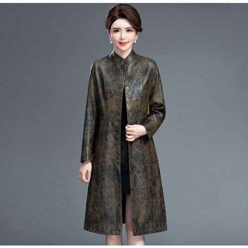 Women Elegaant Floral Printed Faux Leather Jacket New Middle-aged Ladies Comfortable Pu Leather Trench Coats Female Windbreaker
