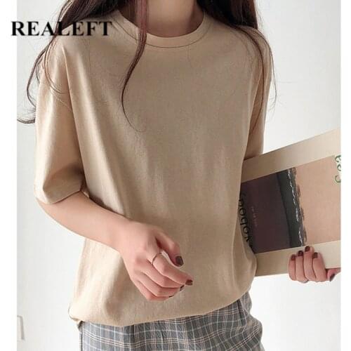 REALEFT Summer Solid Short Sleeve Womens T-Shirts Basic Multi Color Cotton O-Neck Casual Loose Shirts Tops Tee Ladies 2021 New