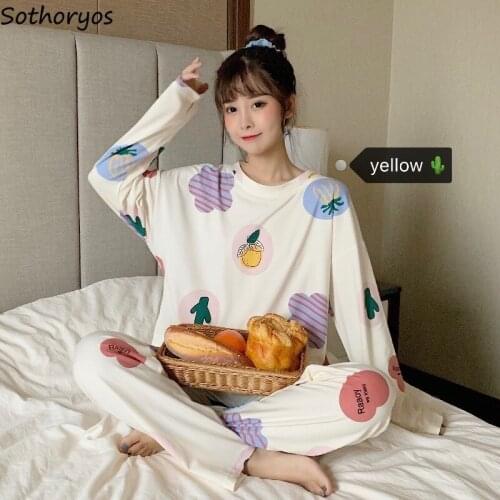 Women Pajama Sets Casual Loose Fruit Print Fashion Soft Sweet Kawaii Korean New Girls Long Sleeve Ulzzang Chic Autumn Simple
