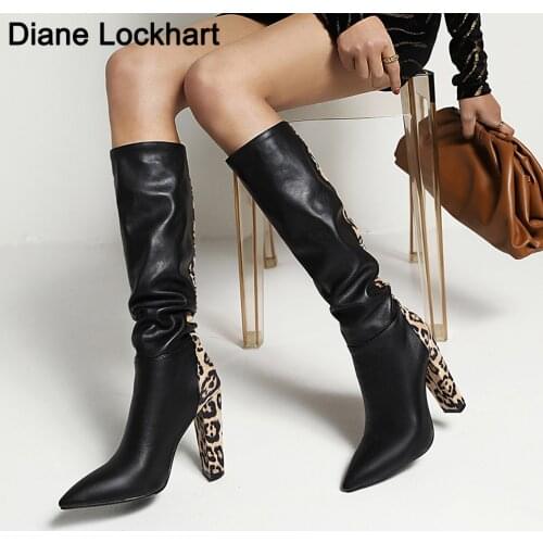 Women Pleated Knee High Boots Winter Woman High Heels Boot Womens Pointed Toe Female Sexy Leopard Print Ladies Party Shoes