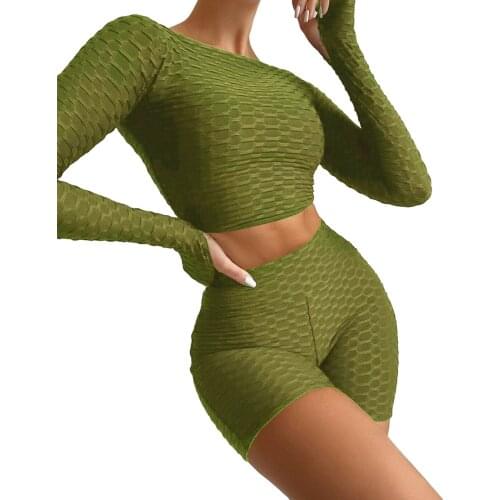 Women Close-fitting Two-piece Clothes Set Long Sleeve Round Collar Crop Tops and Shorts Black/ Beige/ Grass Green