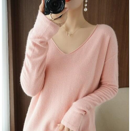 2020 New Womens V-neck Sweater Pure Color Casual Wool Knit Pullover Loose Large Size Long Sleeve Fashion Soft Base Shirt