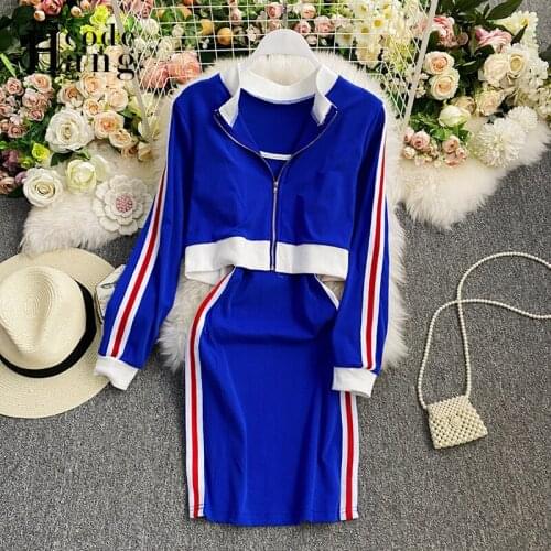 HangCode Ins Fashion Two Piece Set Dress Suit Casual Cardigan Coat and Spaghetti Strap Dress Sport Wear Young Ladies Dresses