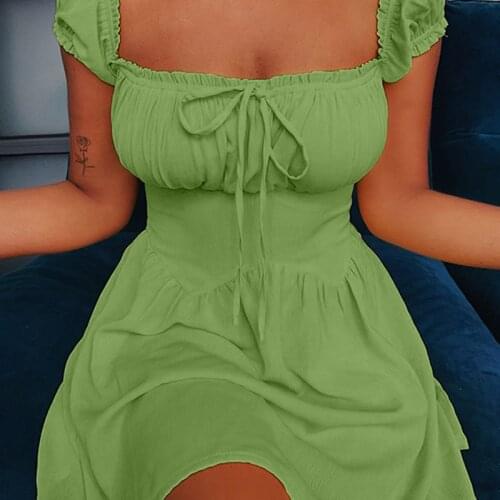 2021 Summer Sweet Fashion Casual Women Square Neck Tie Detail Dress Gathered Bust Fitted Bodice Plus Size Neckline Dresses