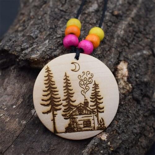 12pcs Harmonious Nature pattern wooden moon cabin tree necklace Outdoor Campfire pendant Jewelry Gifts