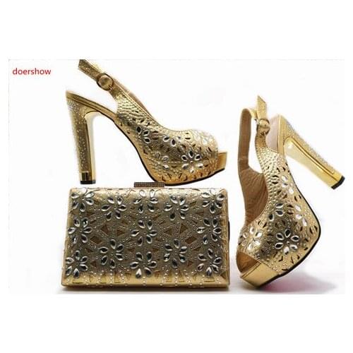 Doershow New Arrival African Shoes and Bag Set for Party In Women Shoes and Bag Set African Sets Italian Shoes with GOLD HX1-13